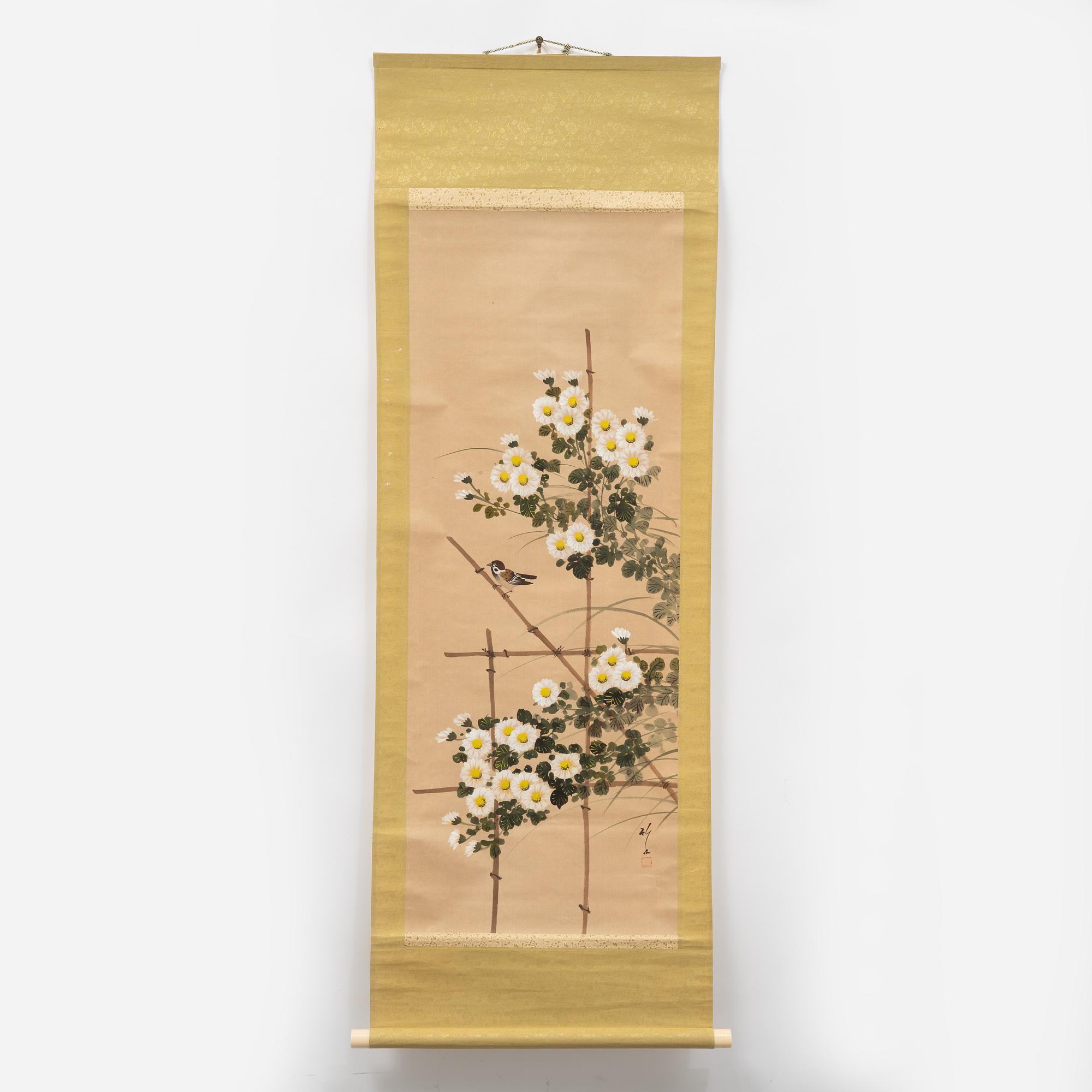 Unidentified artist, "Sparrow and Flowers", Japan, first half of the 20th century.