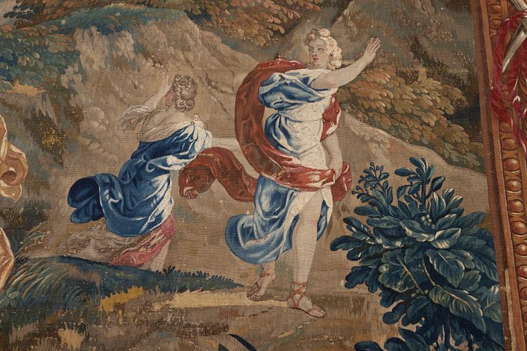 A tapestry, "Blind-man's-buff" tapestry weave, ca 349 x 333 cm, France, around 1700-first half of the 18th century.