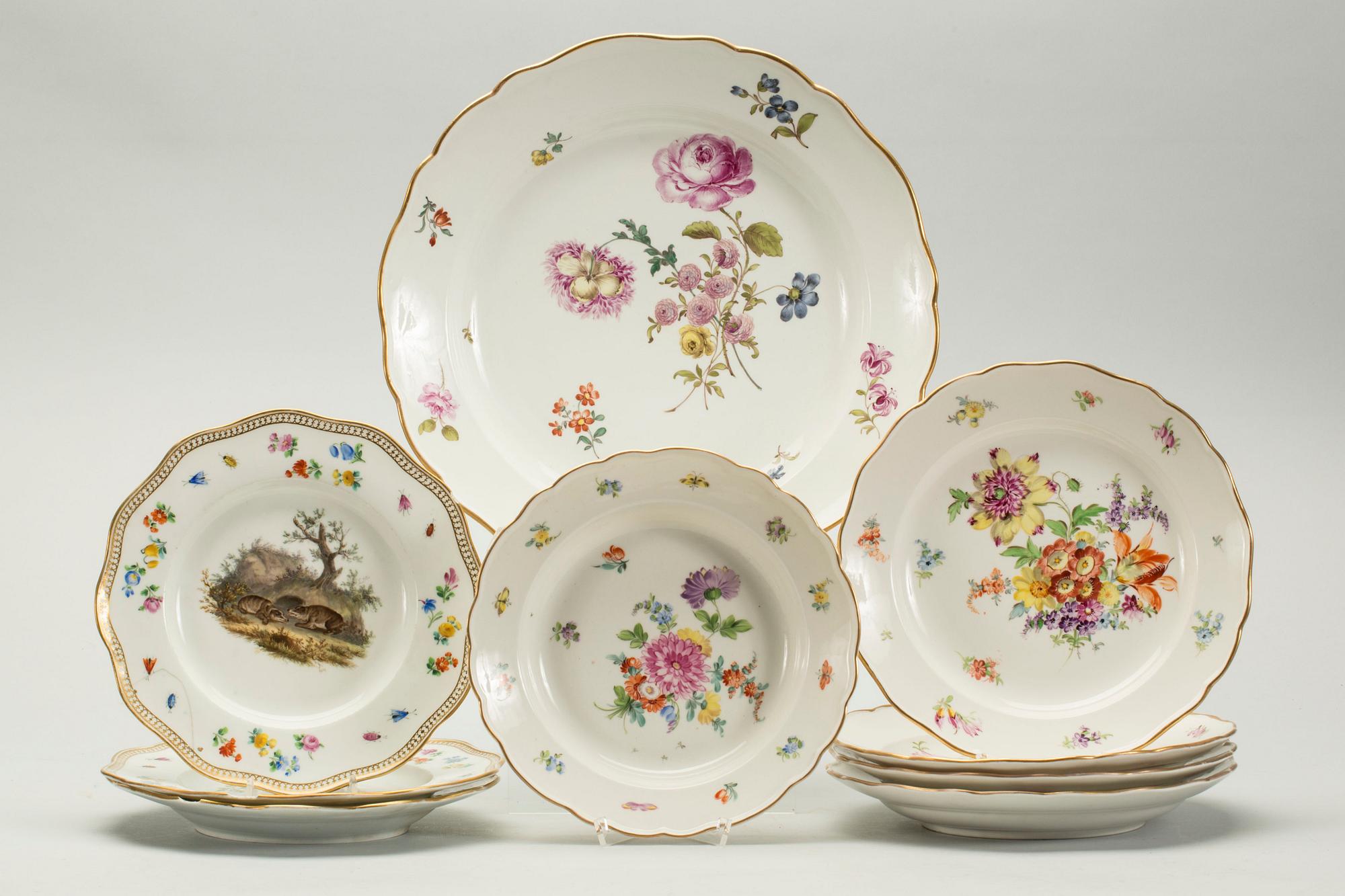 SERVISDELAR, Meissen 7 (+2) delar, 18/1900-tal.