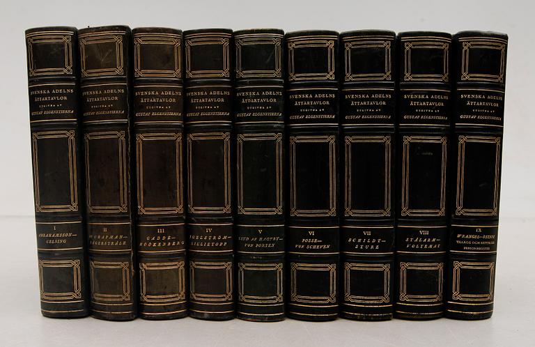 BOKBAND, 9 vol., Svenska Adelns Ättartavlor, 1930.