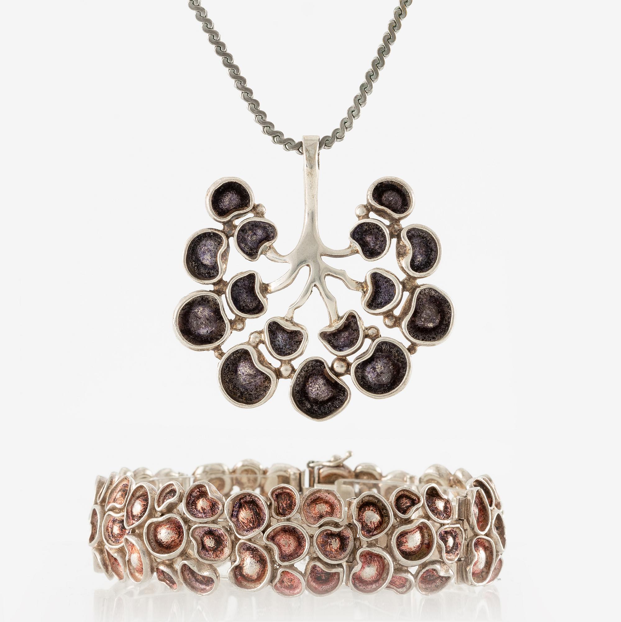 Eric Robbert, pendant and bracelet, silver and enamel.