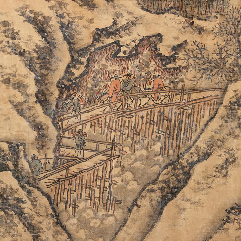 A Chinese hanging scroll, ink and color in silk, signed Shen Zhou (1427-1509), after, 20th century.