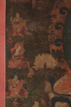 THANGKA, Shakyamuni Buddha med de aderton arhats, 1700-tal.