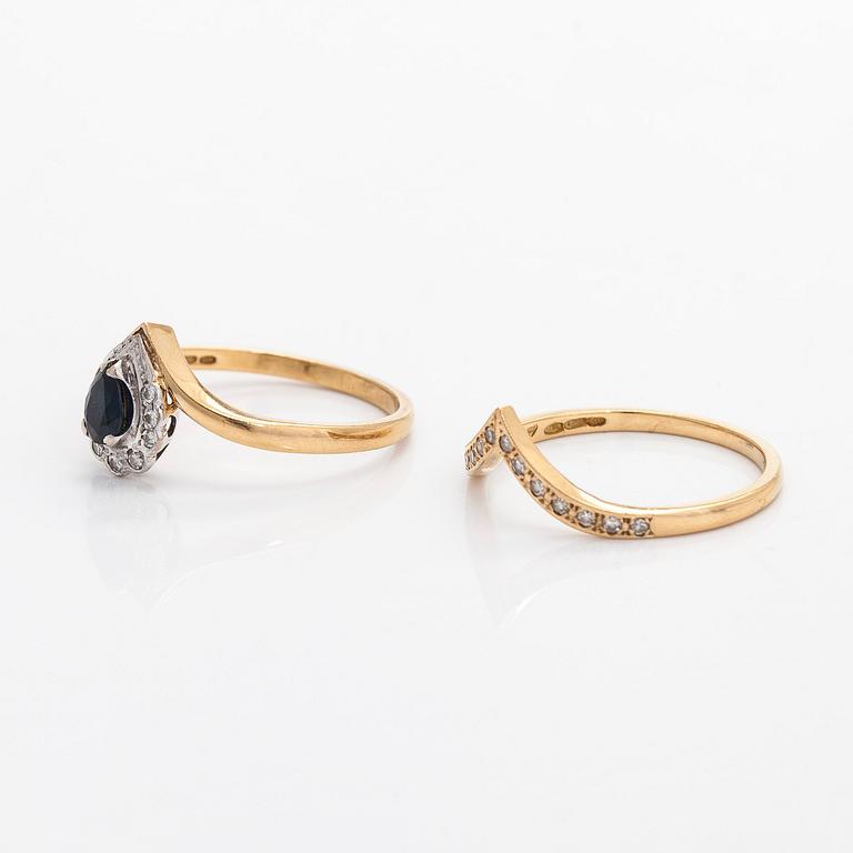Rings, 2 pcs, faceted sapphire, brilliant- and 8/8-cut diamonds, 18K gold.