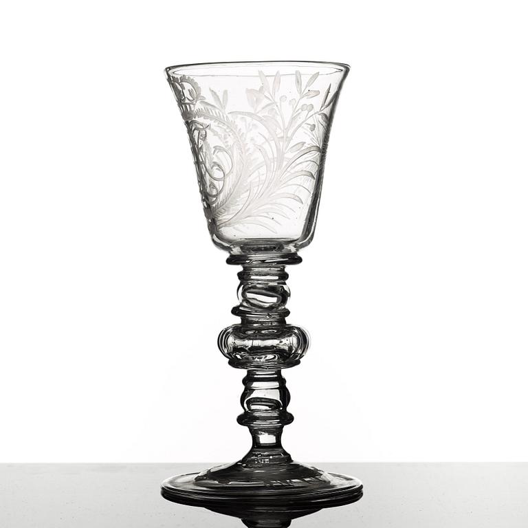 An engraved glass goblet, Kungsholms glasbruk, Sweden, 18th Century.