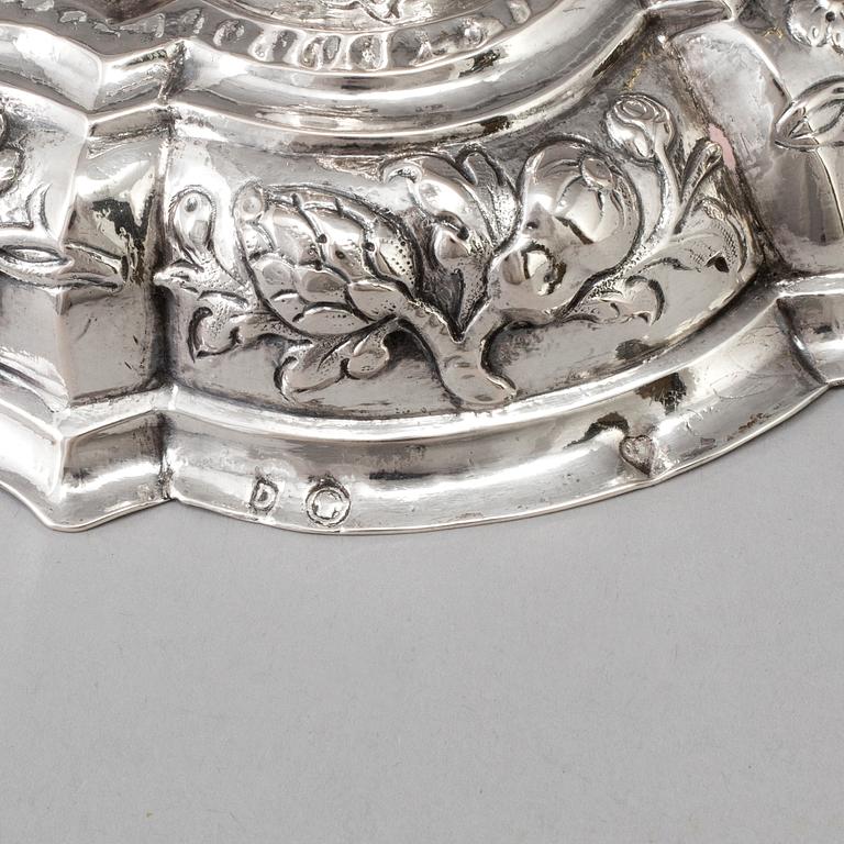 A pair of 18th century silver candlesticks, unidentified makers mark, Breslau 1737-1745.