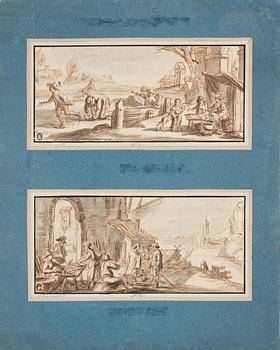 Mathys Schoevaerdts Circle of, Skaters near a Bakery and Townsfolk near a Fish Stall. A pair. Unsigned. Inkwash, each image 13.5 x 30 cm, framed...