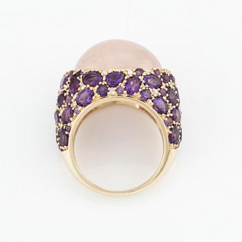 Ring, cocktail ring with cabochon-cut rose quartz, amethysts, and small diamonds.