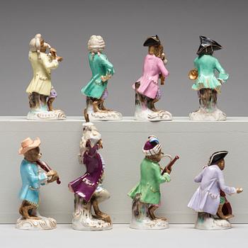 A set of eight figures from the 'Affenkapelle', after a model by Meissen, 20th Century.