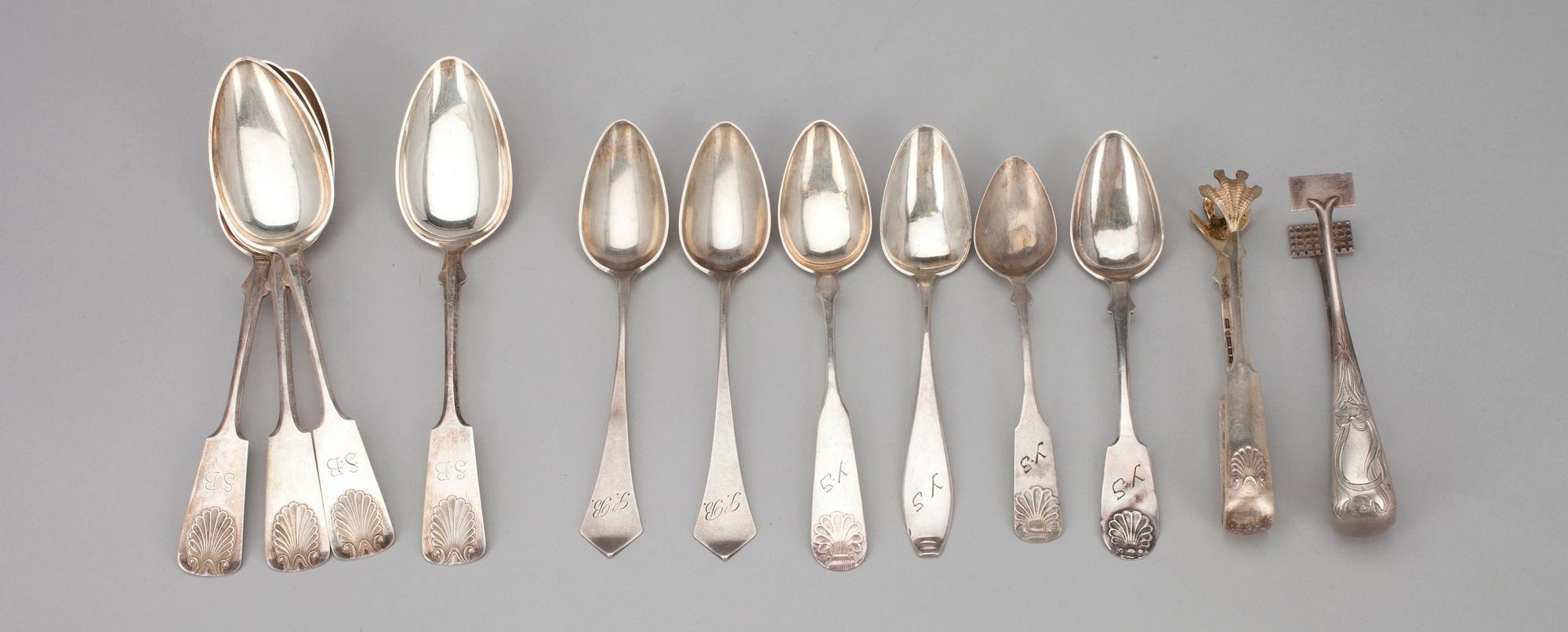 SKEDAR, 10 st. samt SOCKERTÅNG, 2 st, silver, diverse finska stämplar. Vikt 238 g.