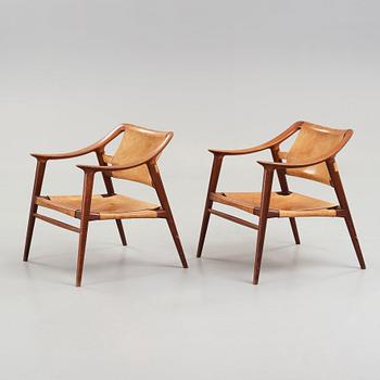 Adolf Relling & Sigurd Resell, a pair of teak and leather "56/2 Bambi-series armchairs, Norway 1950's-60's.