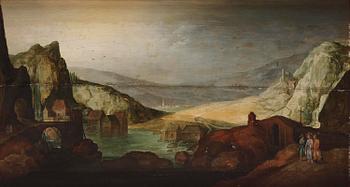 626. Joos de Momper, attributed to, Mountain landscape with wandering figures outside the village.