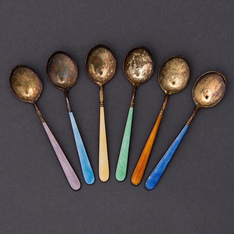 A set of enamelled gilt silver coffee spoons, mark of Tillander, Helsinki 1950.