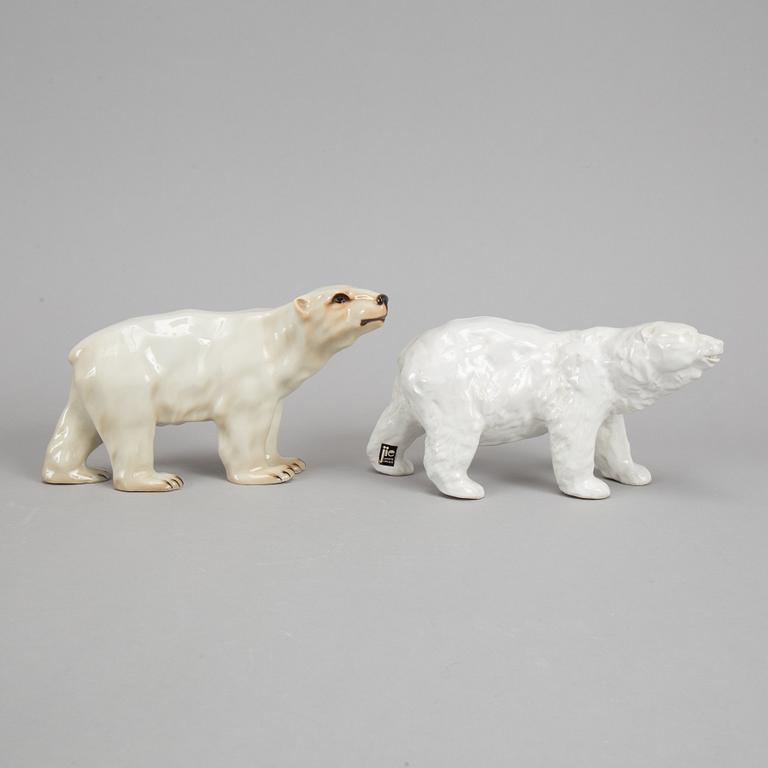 Three ceramic polar bears, Rörstrand, Jie Gantofta and Syco, Sweden.