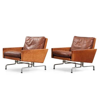 Poul Kjaerholm, A pair of Poul Kjaerholm 'PK-31' steel and brown leather easy chairs, by E old Christensen, Denmark 1960's.