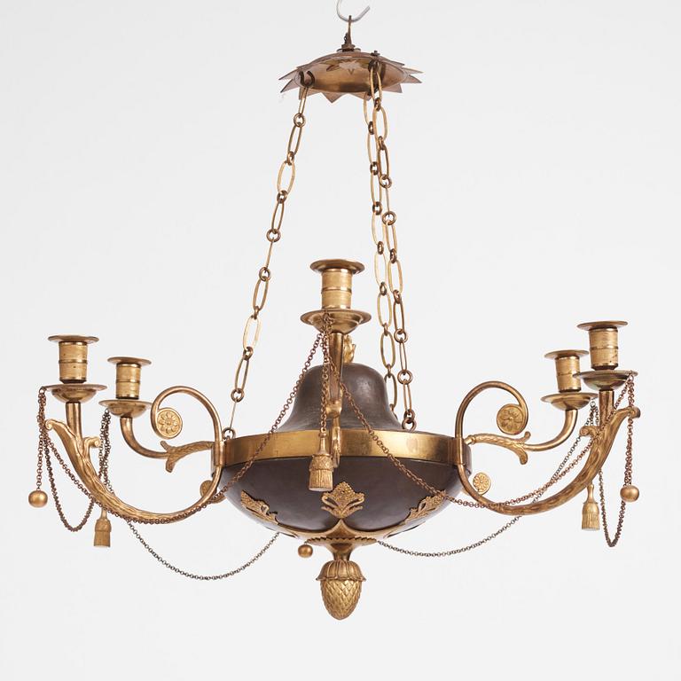 A late Gustavian ormolu and patinated bronze six-branch chandelier, Stockholm circa 1800.