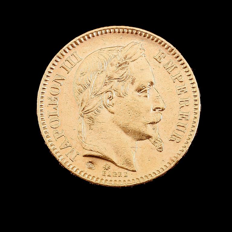 GULDMYNT, 20 franc, Napoleon III, 1866. Vikt ca 6 gram.