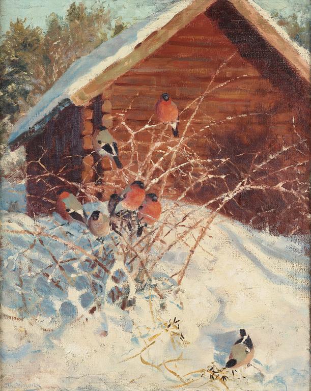 Thure Wallner, Winter motif with bullfinch.