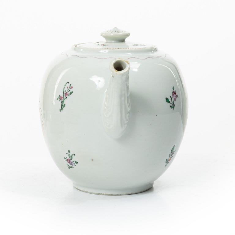 Cups and saucers, 11+7, and a teapot in famille rose with monogram, company porcelain, China, 18th century.
