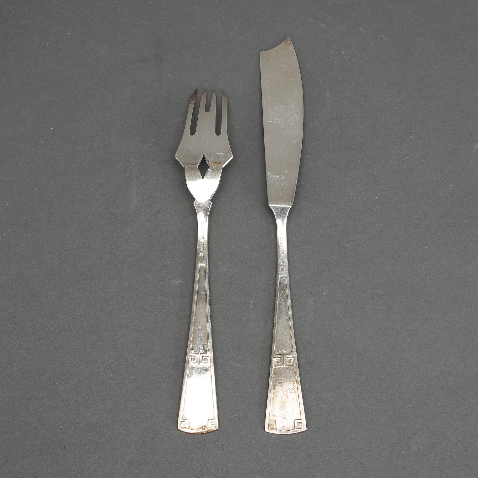 FISKBESTICK, jugend, 24 delar, nysilver, AG Dufva, Stockholm, ca 1900/10.