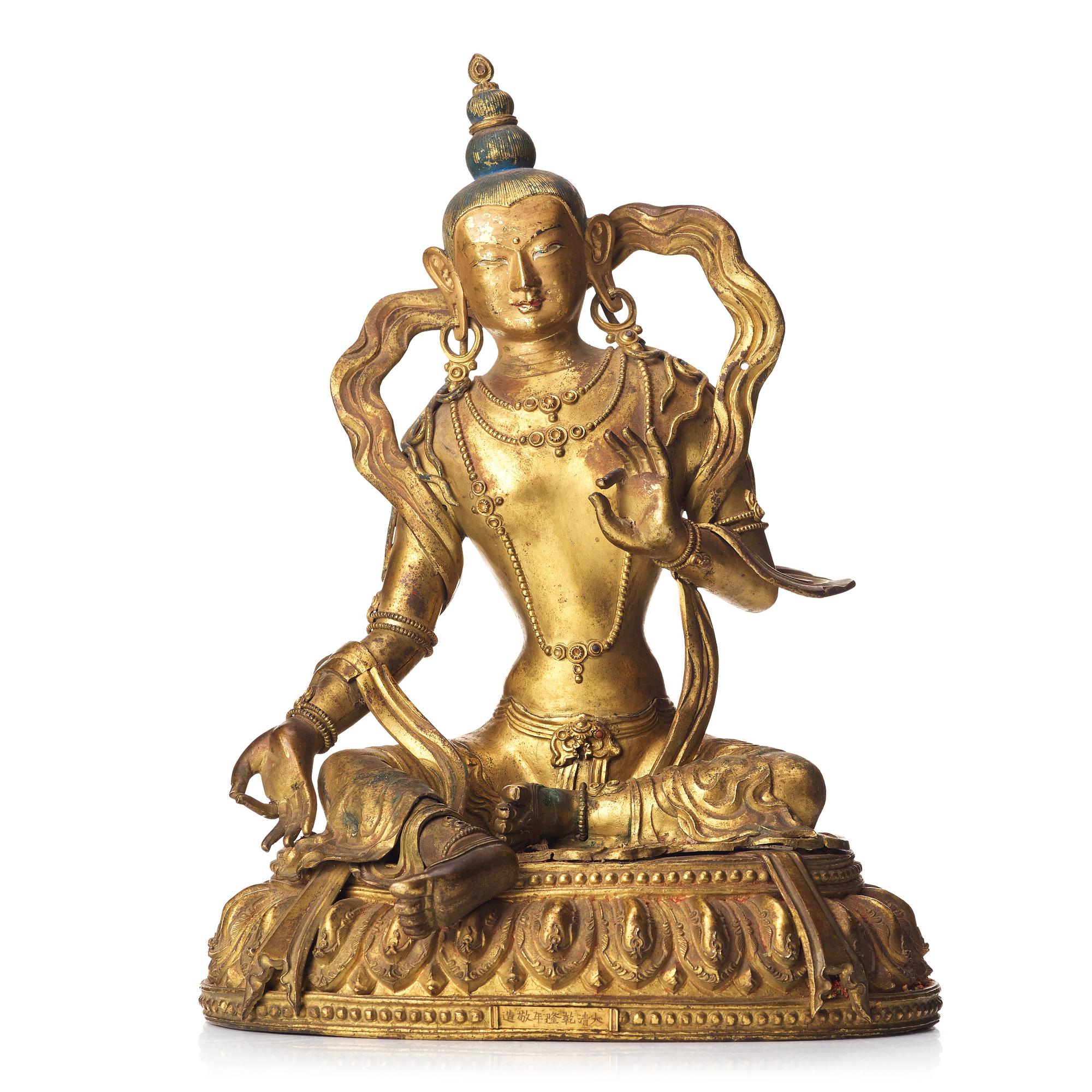 BUDDHISATTVA, förgylld kopparlegering. Tibetokinesisk, 1700-tal, märkt Da Qing Qianlong Nian jingzao.