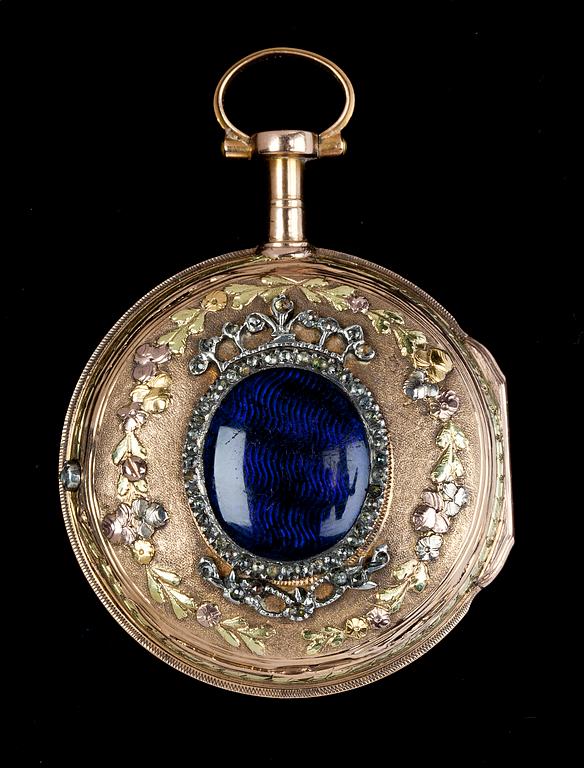 FICKUR, L'Epine, Paris, guld 'en trois couleurs', emalj och rosenslipade diamanter, 1700/1800.
