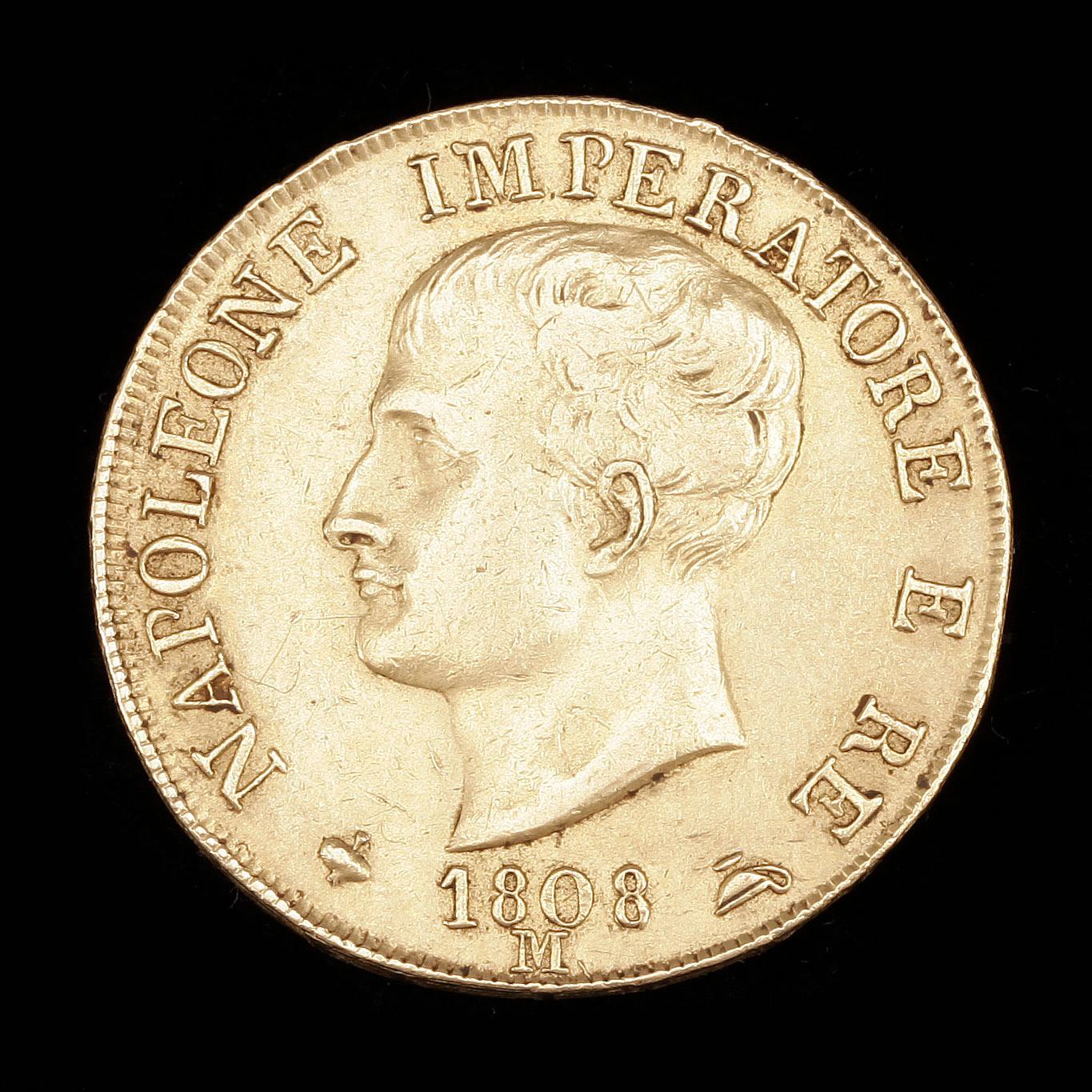 GULDMYNT, lägst 20k guld, 40 lire, Napoleanska Kejsardömet, Italien, 1808. Totalvikt 12,9g.