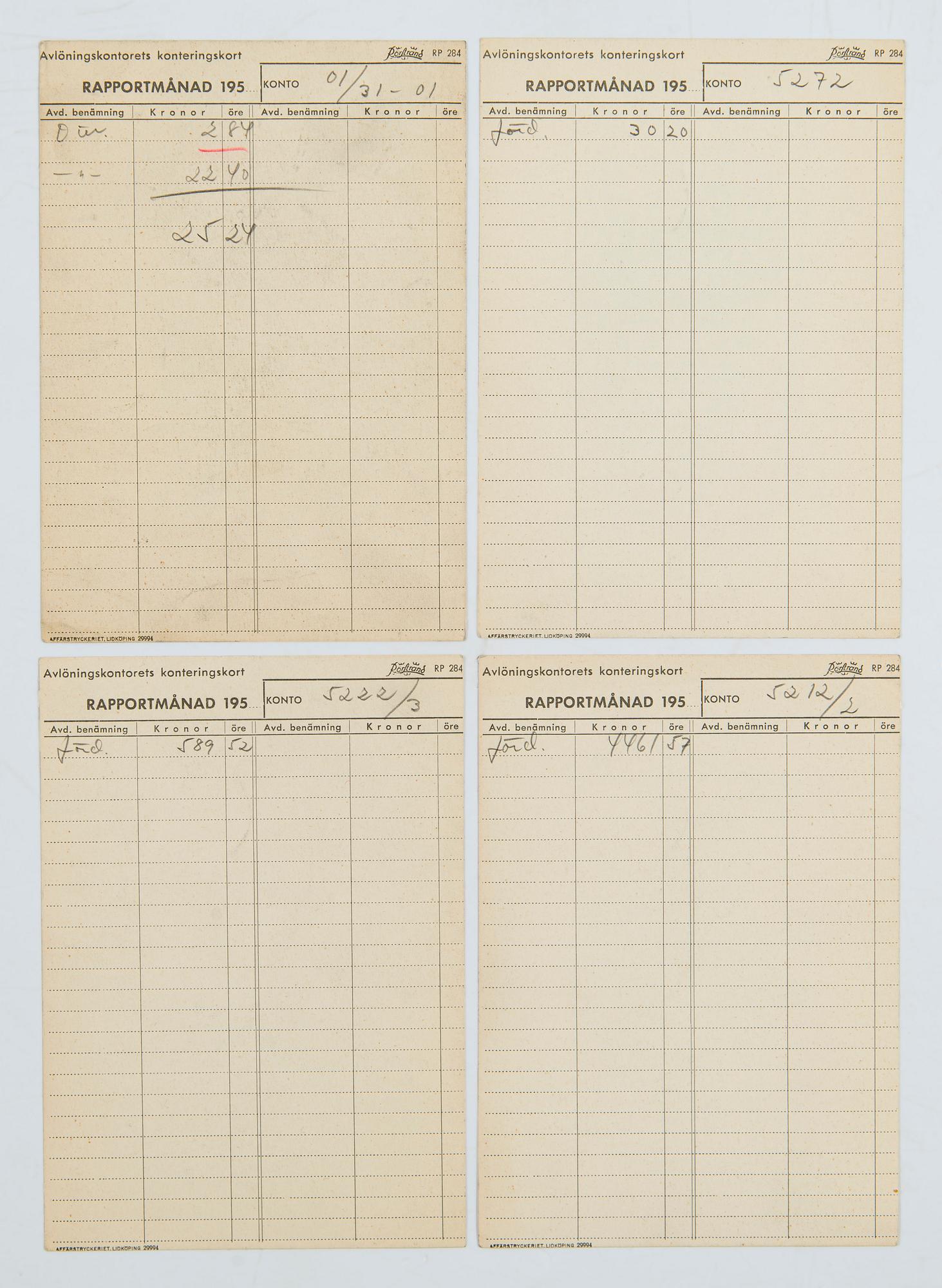 Birger Kaipiainen, samling originalskisser, 38 st, blyerts, på Rörstrands avlöningskontorets konteringskort, 1954 - 1958.