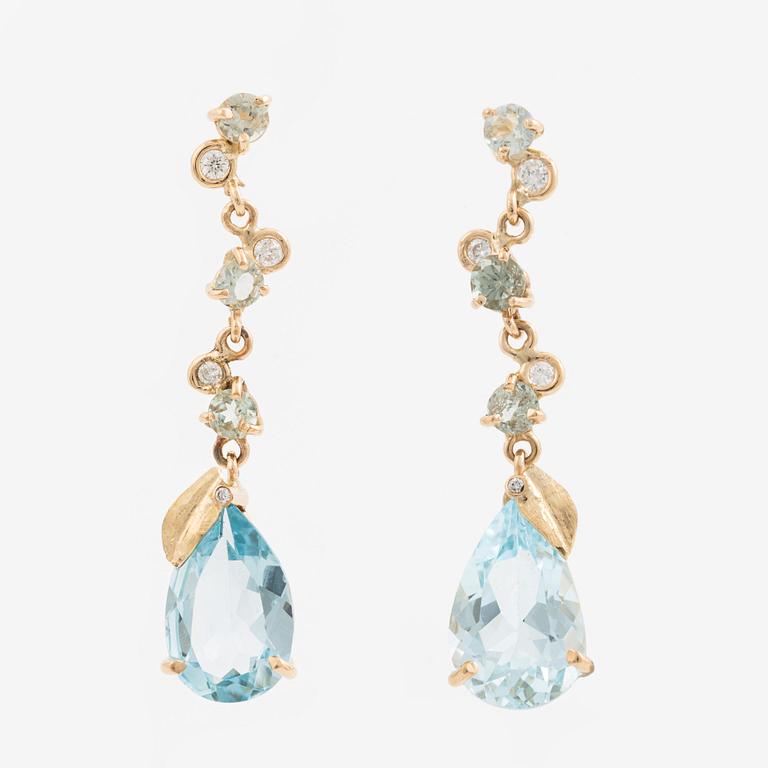 Earrings, Mandelstam, 18K gold with drop-cut blue topazes, tourmalines, and brilliant-cut diamonds.