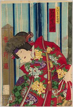 TOYOHARA KUNICHIKA (1835–1900) samt UTAGAWA KUNISADA, färgträsnitt, två stycken, Japan, 1800-tal.