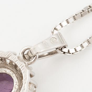 Pendant with gold chain, 
Pendant with white gold chain, 
Earrings a pair, rubies with brilliant-cut diamonds.