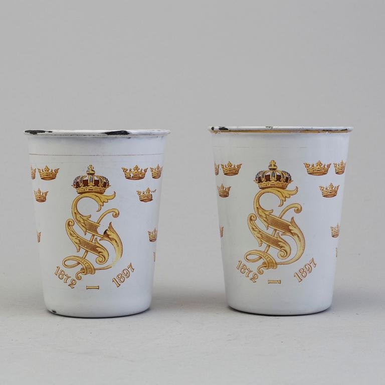 A pair memorial enamel cup in memory of Kin Oscar II's 25 years on the trone, 1872-1897, produced by Kockums.