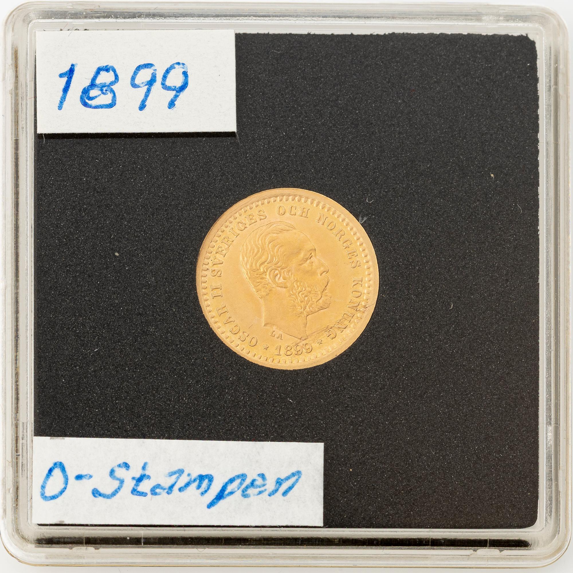 Guldmynt, Oscar II, 5 kronor, typ I, Sverige 1899.