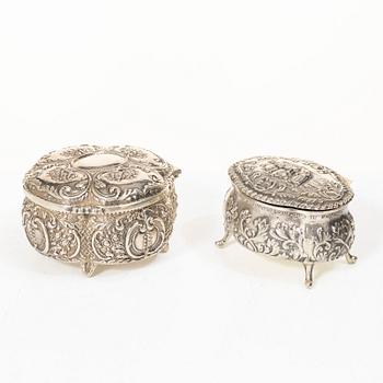 Two covered boxes, silver, Rococo style, 20th century.