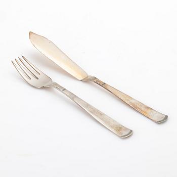 Jacob Ängman, fiskbestick, 24 delar, silver, modell Rosenholm, GAB, Stockholm, 1936.