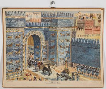 SKOLPLANSCHER, två stycken, Egyptiskt tempel med sfinxer samt Babylon Den berömda Ishtar-porten i stadsmuren.