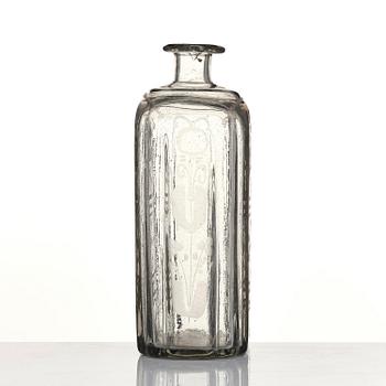 Flaska, glas. Troligen Skånska glasbruket, 1700-tal.