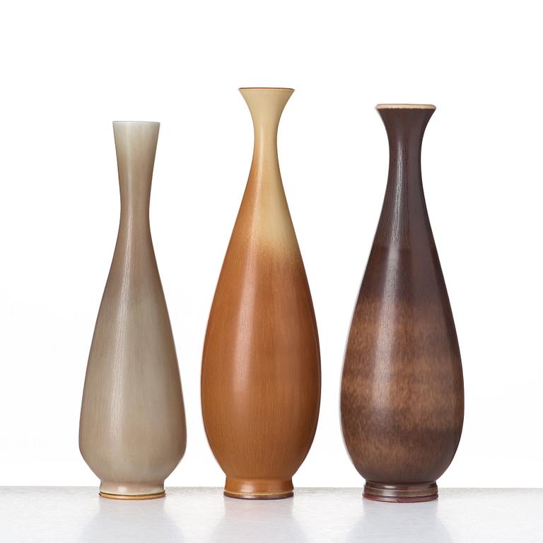 Berndt Friberg, a set of three stoneware vases, Gustavsberg studio 1957 and 1961.