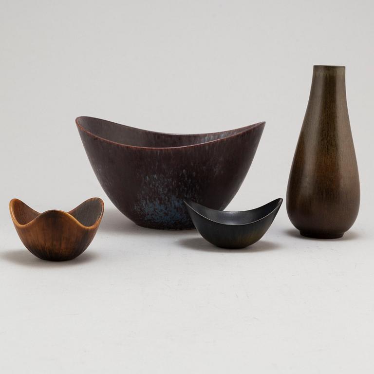 GUNNAR NYLUND, three glazed bowls and a glazed vase, from Rörstrand.