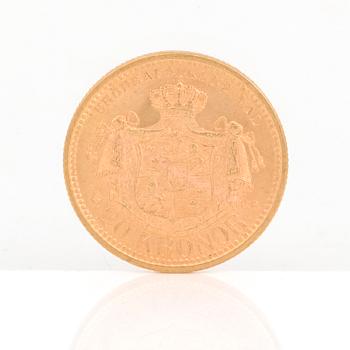 GULDMYNT, 20 kronor, Oscar II av Sverige och Norge 1902. Vikt ca 9 gram.