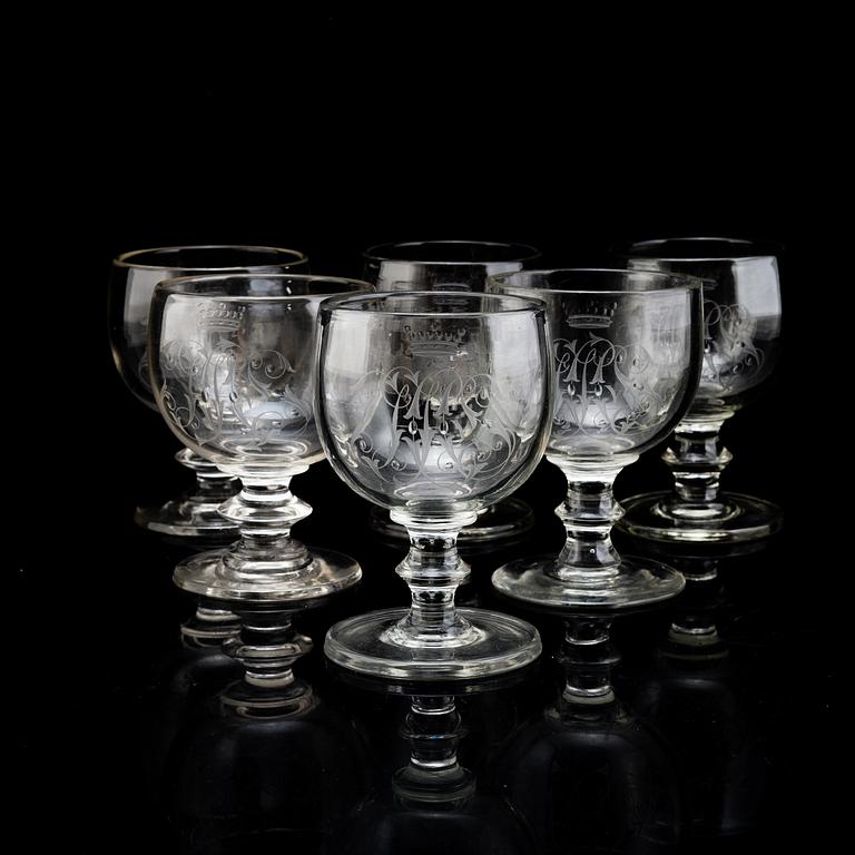 A set of six engraved wine goblets, 19th Century.