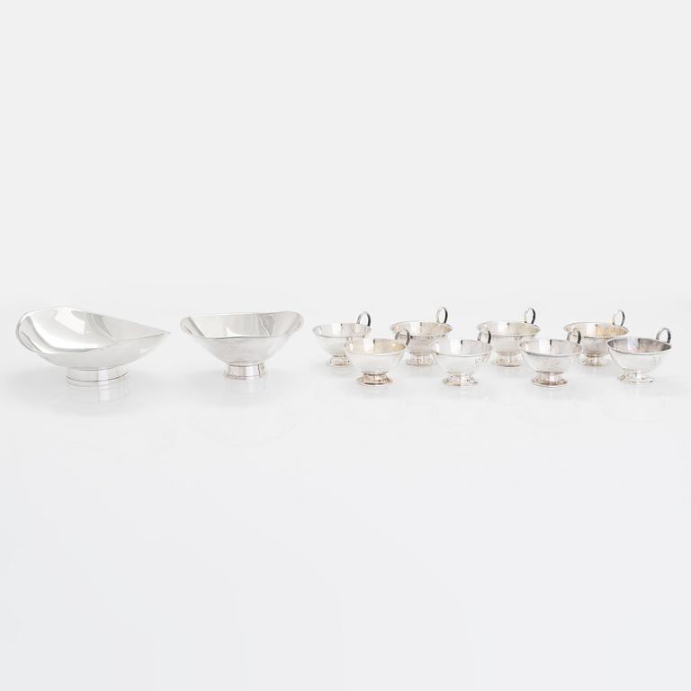 Two sterling silver bowls, Gustav Jansson 1955, 1960, and eight similar silver punsch cups, GAB and CGH 1933-41. Sweden.