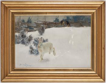 Bruno Liljefors, Winter landscape with hare and hounds.