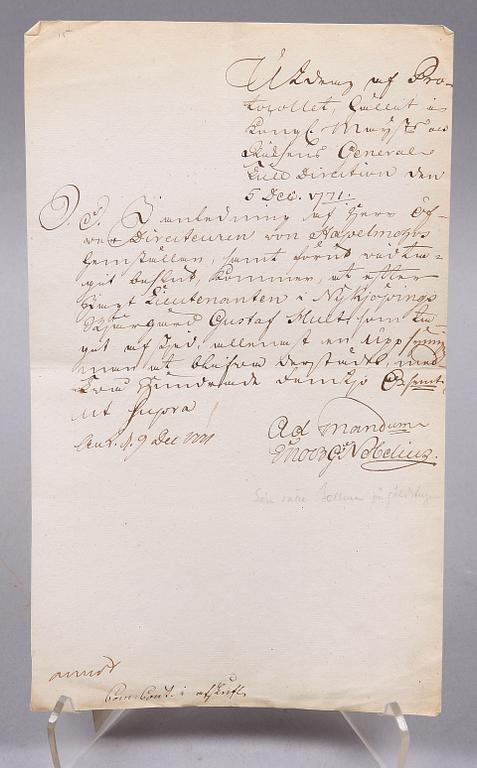 PROTKOLLSUTDRAG MED AUTOGRAF, Enoch Nobelius (1730-1799), sign o dat 1771.