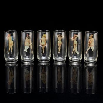 Six second half of the 20th century glasses with pictures of pinup girls.