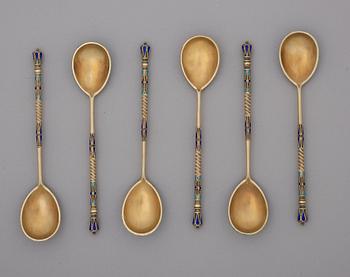 A set of six Russian silver-gilt and cloisonné tea-spoons, mark of Sasikow probably, Moscow 1899-1908.