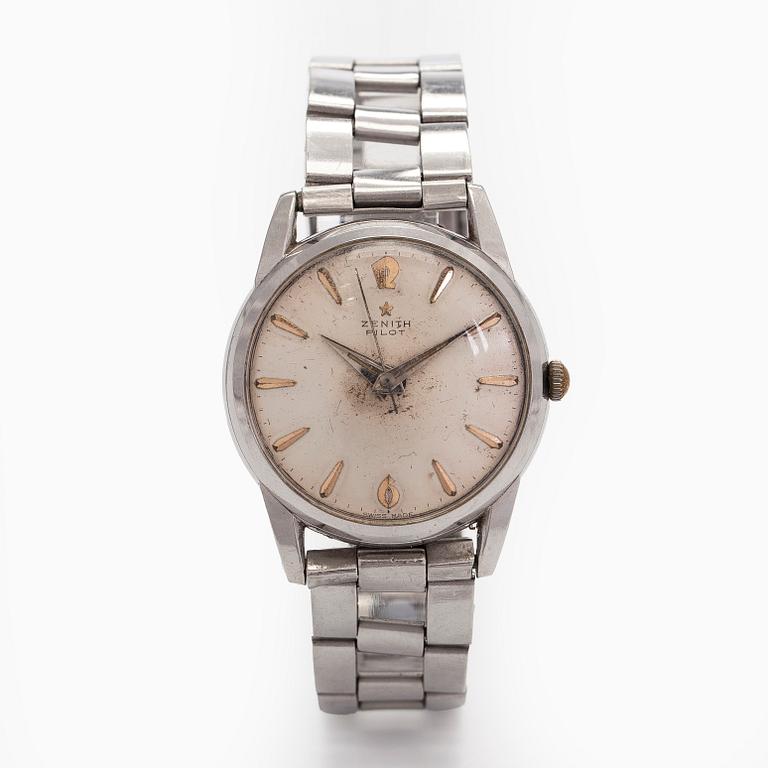 Zenith, Pilot, rannekello, 34 mm, teräs, manuaalinen, pleksilasi, 1950-luku.