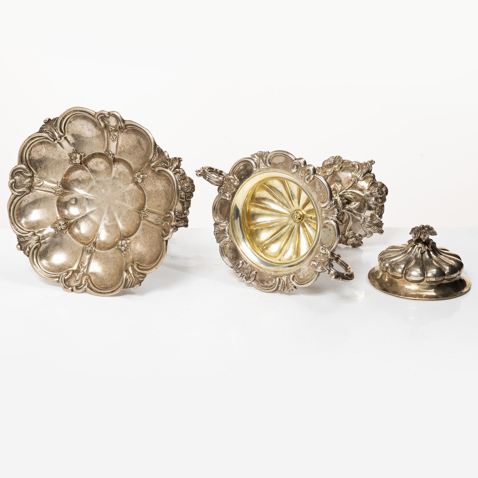 A Swedish silver sugar bowl and a centerpiece bowl, marks of G Möllenborg (Ferón) and C Hammer, Stockholm 1850-1860.