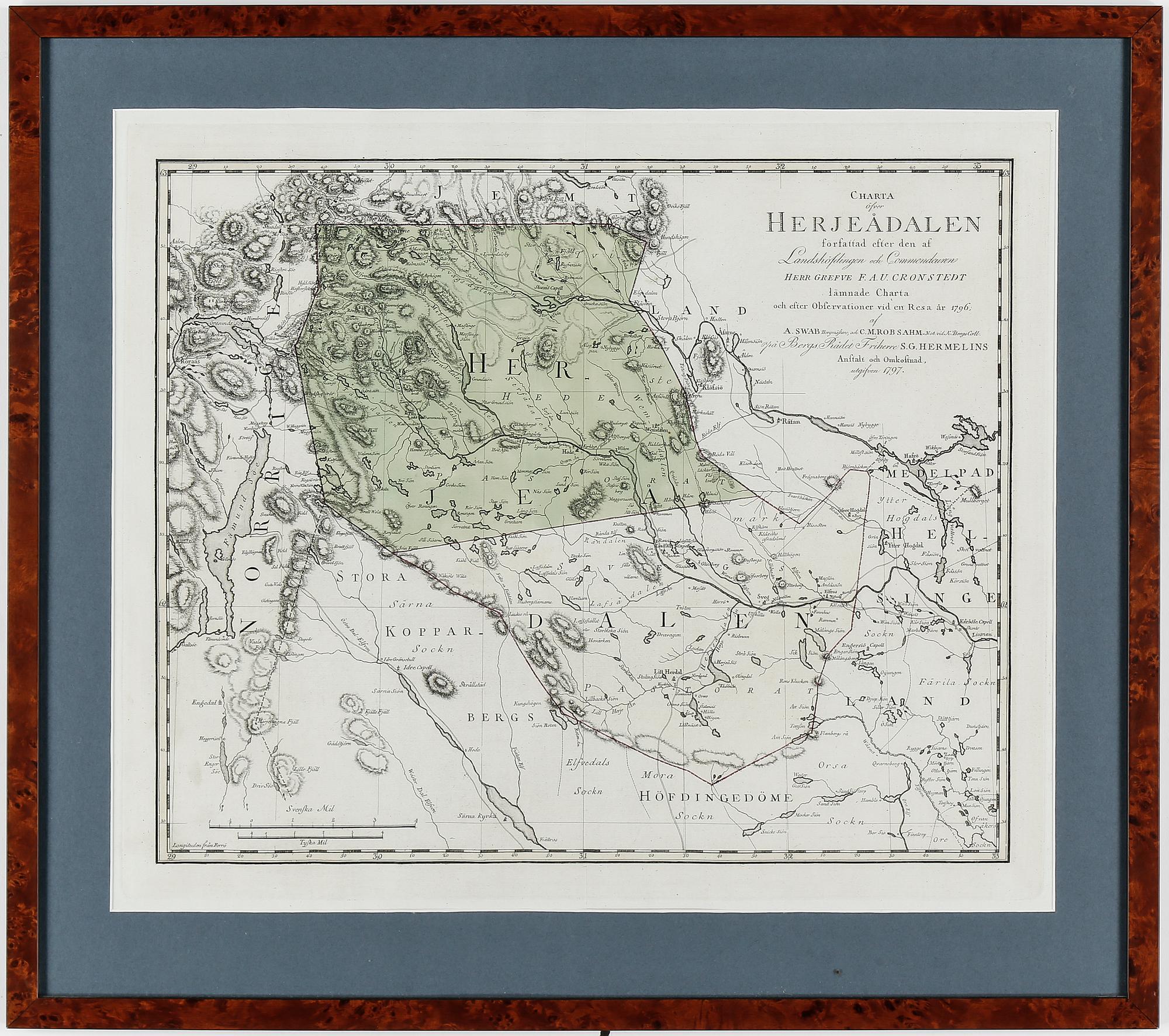 KARTA, delvis handkolorerad etsning, över Härjedalen, utgiven 1797.