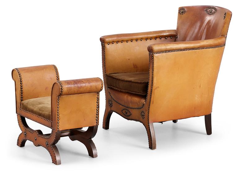 An Otto Schulz brown leather and fabric Easy Chair with Ottoman by Boet, Gothenburg 1930's.